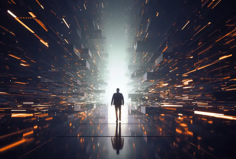 Person standing in futuristic, digital corridor.